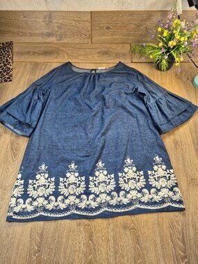 Westport Chambray Dress Belle Sleeve Sz 22 Embroidery CottageCore Jean Vacation